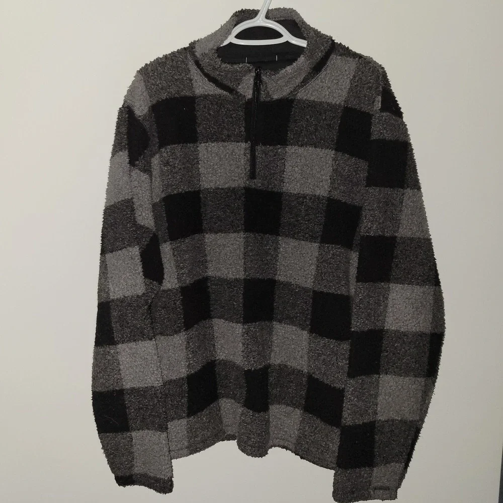 Wrangler 1/4 Zip‎ Pullover Fleece Lined Men's Size Large Check Black Gray